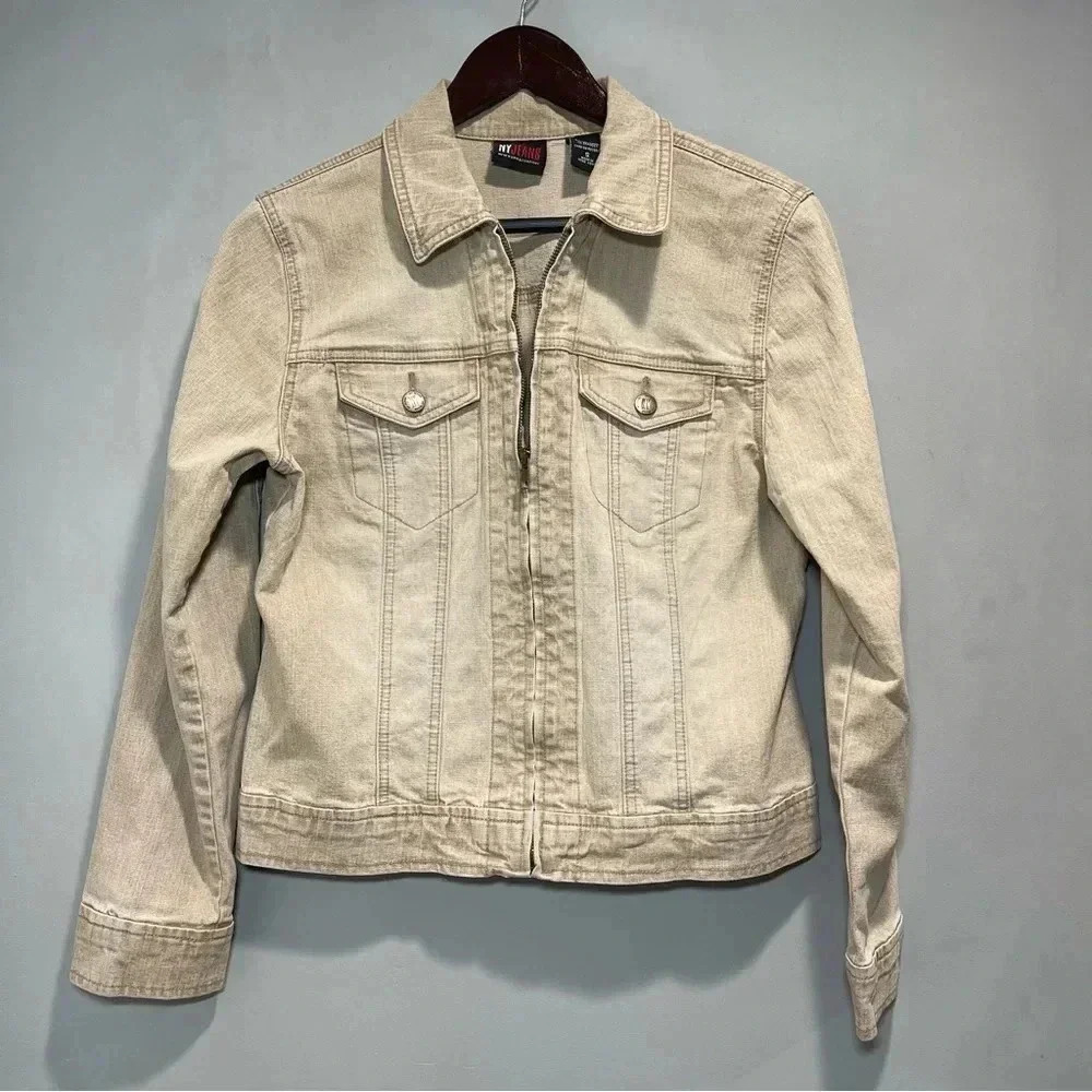 NY Jeans Light Tan Khaki Stretch Denim Jean Jacket w/Front Pockets, Size S